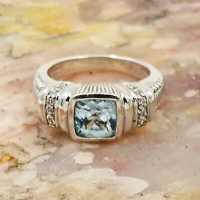 Sterling Silver 925 Designer Judith Ripka Aquamarine & CZ Gemstone Ring Sz 7.25 • $100