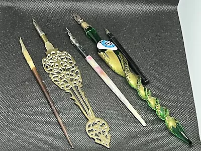 Dip Pens Antique Brass Vintage Pieces Glass Unusual Curios Items 5 Of Them • £15