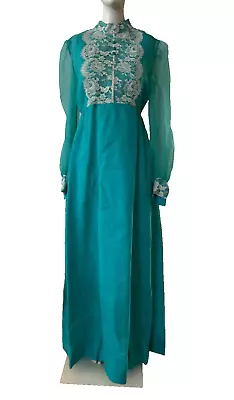 Vintage Turquoise Long Maxi Dress 1970s Bridesmaid Chiffon Lace Sheer Sleeves S • $24.99