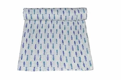 Indian Handmade Cotton Fish Print Bedding Reversible Blanket Kantha Quilt Gudri • $40.84