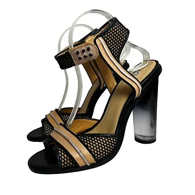 L.A.M.B. Size 10 Heels Carter Sandals Lucite Clear Sand/ Black Leather Lamb $325 • $39.99