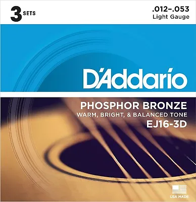 D'Addario EJ16-3D Phosphor Bronze Light Acoustic Guitar Strings 3 Sets EJ16 • $17.99