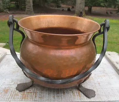 Antique Vintage Hammered Copper Footed Pot Kettle Cast Iron Handle • $38
