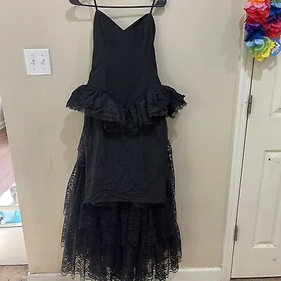 Vintage LORALIE Black Lace Goth 80s Prom Dress W Bustle Bow Size 4 Halloween • $100