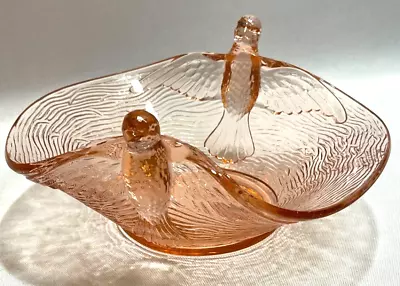 Vintage 1940s Fenton Pink Bird’s Nest Depression Glass Bowl Flying Bird Handles • $24