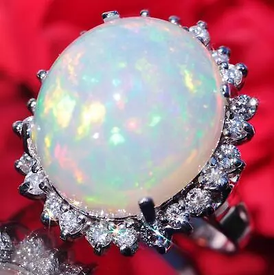 14k White Gold Ring 14.23ct Crystal Opal Diamond Size 8 Vintage Handmade 9.3gr • $5850