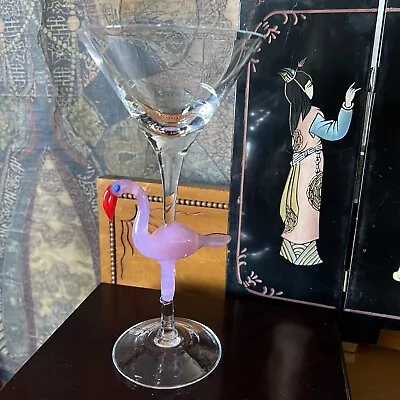 Murano Hand Blown Art Glass PINK FLAMINGO Martini Glass Wine Champagne 8.5” • $48