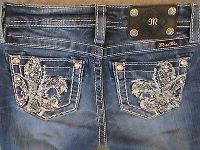 Miss Me Girls Jeans Youth 12 Blue Denim Bootcut Rhinestone Low Rise Retro 24x30 • $33.95