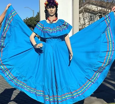 Women's Blue Mexican Dance Dress Two-Piece Folklorico Day Of The Dead Coco Theme • $102.95