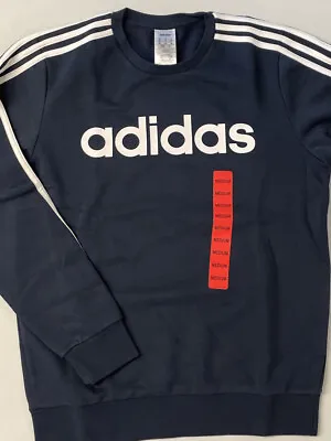 Adidas Men 3 Stripe Fleece Logo Pullover Crew Long Sleeve NAVY Sweatshirt MEDIUM • $26.20