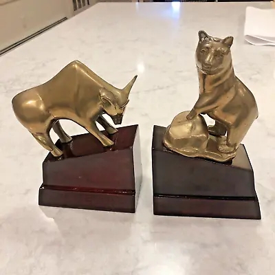 Great Vintage Brass Bull And Bear Bookends Stock Market Wall Street Wood • $49