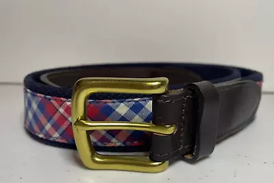 VINEYARD VINES Mens Red White & Blue Plaid Leather & Cloth Plaid Belt - Sz 32 • $17.46