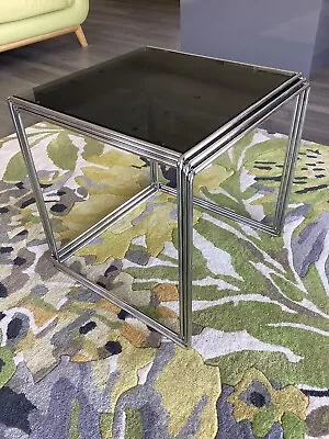 Mid Century Modern Smoked Glass Chrome Leg Nest Of 3 Tables - Stylish • £120