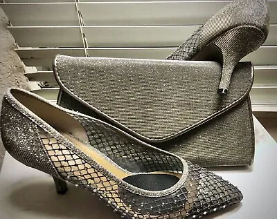 J Renee Women’s Kenitra Silver Heels Mesh Rhinestones & Matching Purse Set 10W • $19.99