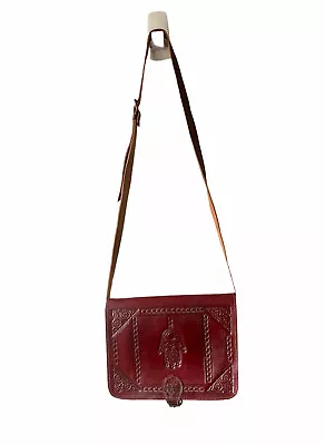 Moroccan Leather Bag Handmade Engraved Bag Boho Bag Red Dark Leather Handbag • $54.99