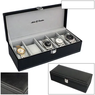 Astin Of London® Mens Black Pu Leather 5 Watch Storage Box Case Grey Interior • £11.20