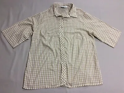 Vintage 80s Lite Beige Picnic Plaid Checkered A4 Button Down Shirt Womens Medium • $1.99