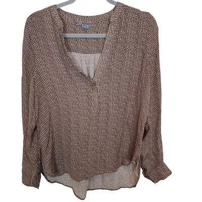 Vince Womens 10 Brown Diagonal Print Long Sleeves V-Neck Placket Silk Blouse • $38.90