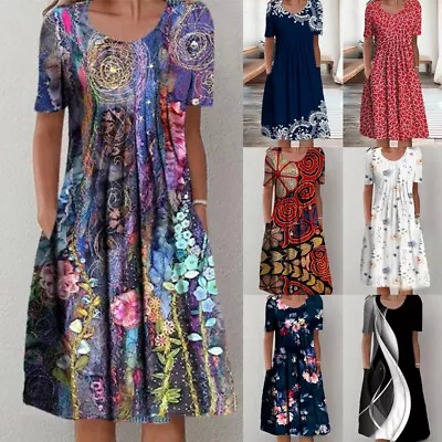 Women Floral PLUS SIZE Short Sleeve Midi Dress Ladies Baggy Pocket Pleated Dress • £9.35