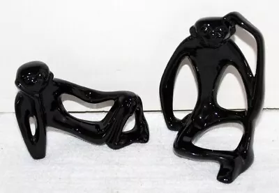 Vintage Pair MCM Thinking Sitting Monkeys ~ Gloss Black Ceramic ~ Signed ~ Exc • $69.99