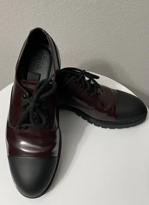 $35 • Buy Zara Track Sole Derby Shoes Burgundy Glossy Leather Chunky Tie Oxford Men's 10