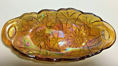 Vintage Indiana Glass Oval Pickle Condiment Dish Handled Marigold Floral • $20