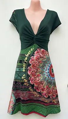 DESIGUAL Green Multicolour Stretch Jersey Cap Sleeve Metallic Print Dress M/8-10 • $32