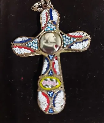 Antique 1930s Mosaic Cross Pendant Roma Portrait  Pope Pius VI Vatican Catholic  • $127.75