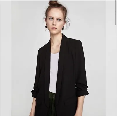 Zara Crepe Rushed Sleeve Boyfriend Blazer Open Front • $35.90
