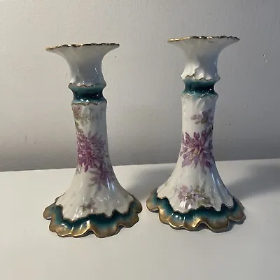 Pair Antique LIMOGES A.Lanternier Candle Holders Porcelain Flower France A L EUC • $29