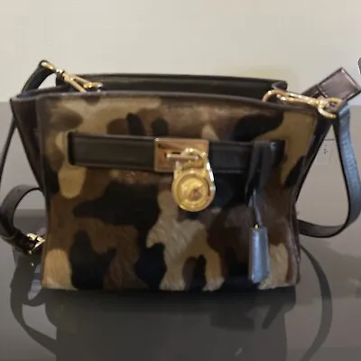 Michael Kors Hamilton Brown Suede Calf Hair Camouflage  Handbag Purse Bag • $69