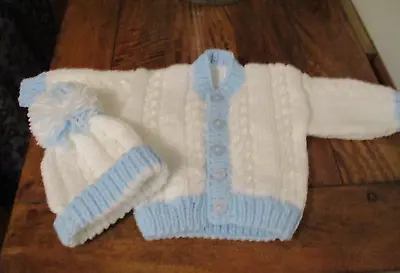 NEW Hand Knitted. Baby Boy Cardigan & Hat Set. Aran Wool. 3-6 Months.  20  Chest • £14.99