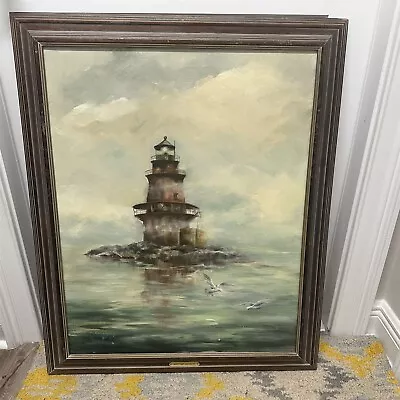Vintage Painting Orient Point Lighthouse Signed M Conway Framed Nautical Art • $249.99