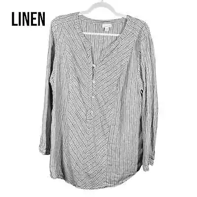 J. Jill Love Linen Womens 2X Grey White Striped Popover Shirt Top Long Sleeve • $33