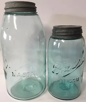 Vintage Pair Ball Mason Drop A Green 3L 1/2 Gallon Fruit Jars Ball Zinc Lids • $20.79