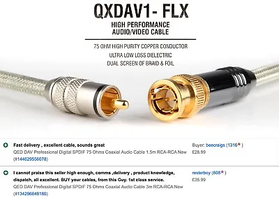 £42.99 • Buy QED DAV Digital SPDIF 75 Ohms Coaxial Audio Cable 3m  RCA-BNC New. Chord Linn
