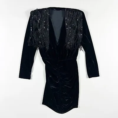 $31.50 • Buy Zara Ruched Velvet Velour Sequin Fringe Shoulder Pad Bodycon Mini Dress Black XS