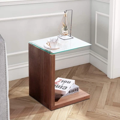 £28.99 • Buy Glass Rectangle Side Table Modern Small Storage Coffee Table Oak Sofa End Table 