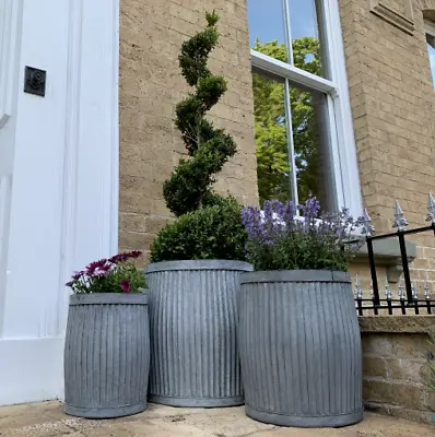 Large Round Vintage Galvanised Metal Barrel Planters Tub Plant Flower Pot Garden • £44.95