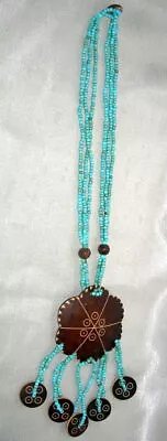 1960's Multi-Strand Beaded Necklace Leather Medallion Boho Hippie Craft EXC • $24.99