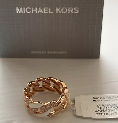 MICHAEL KORS Gold Tone Sterling Silver Ring W/ White Enamel & CZ Stones Size 7 N • £95