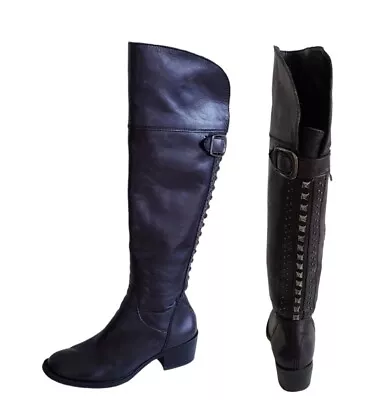 Vince Camuto Women Tall Leather  Studded Equestrian Botforts Zip Black Boots S7B • $44