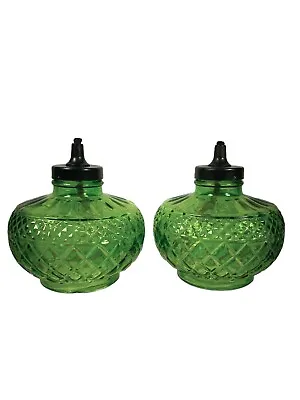 Vintage MCM Small Flashed Cut Glass Oil Kerosene Lamp Set Tabletop EMERALD GREEN • $35.99