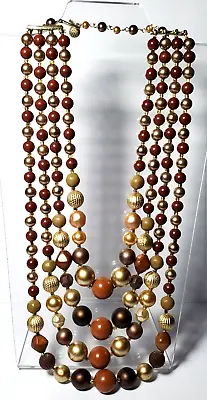 Vintage JAPAN Multi Strand Lucite Brown & Gold Tone Beaded Necklace 14 -21  • $19.99