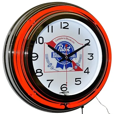 15  Pabst Blue Ribbon Beer Double Neon Clock Bar Man Cave Pub Decor (Red) • $119.95
