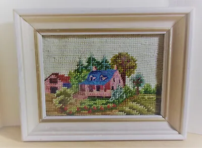 Vintage Finished Framed Needlepoint Country House Farm Wall Art Picture • $19.99
