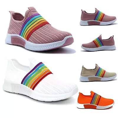 Womens Ladies Slip On Rainbow Sneakers Knit Trainers Heel Women Party Shoes Size • £11.99