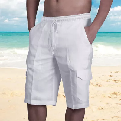 Mens Cotton Linen Shorts Summer Beach Casual Drawstring Chino Loose Short Pants • $16.48