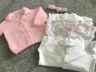 Baby Girl Bundle Pink White Babygrows Cardigan Headband 3-6 Months • £4.10
