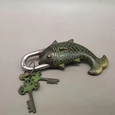 Chinese Rare Old Vintage Big Solid Brass Fish Lock 2 Keys • $46.99